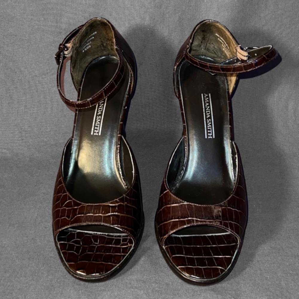 Brown Peep-Toe Crockprint Pumps